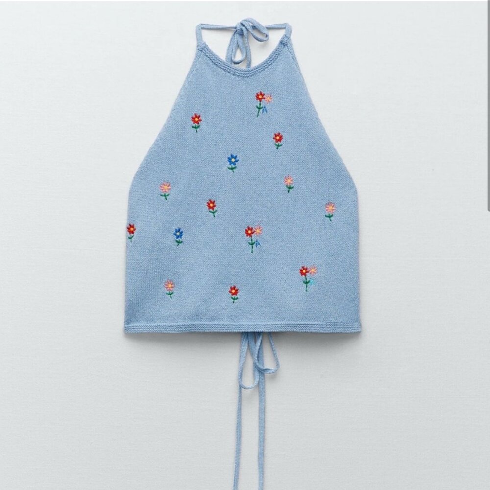 Zara Knit Embroidered Floral Halter Top